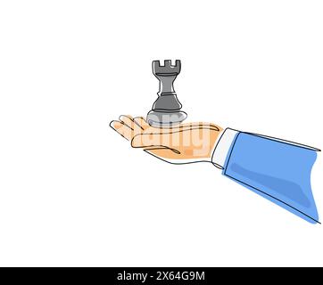 Continuous one line drawing hand holding rook chess figure. Business strategy management. Partnership offer. Sport, competition, competitive, strategi Stock Vector