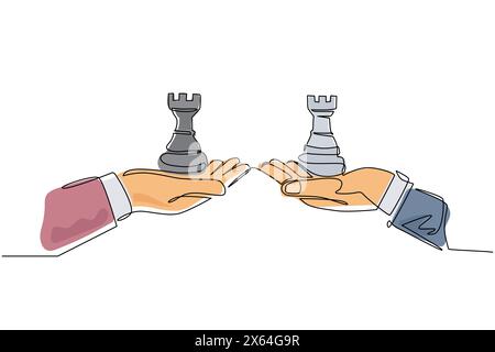 Single continuous line drawing business concept, of businessman hands, one holding rook chess piece and the other hand too. Strategy and management. O Stock Vector