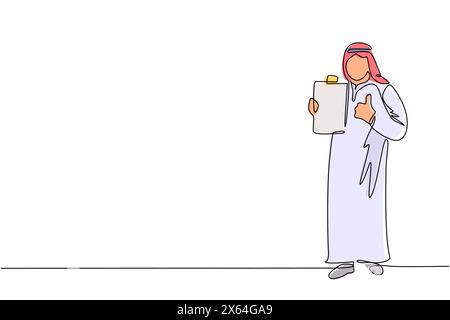 Single continuous line drawing Arabian businessman wearing traditional clothes holding clipboard and making or showing thumbs up gesture. Person keepi Stock Vector