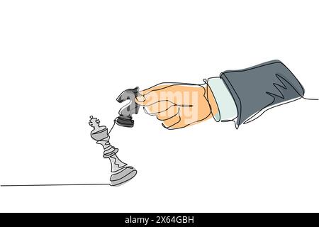 Single continuous line drawing man hand holding chess horse knight. Male use horse knight chess piece to crash opposite team king figure. Checkmate. W Stock Vector