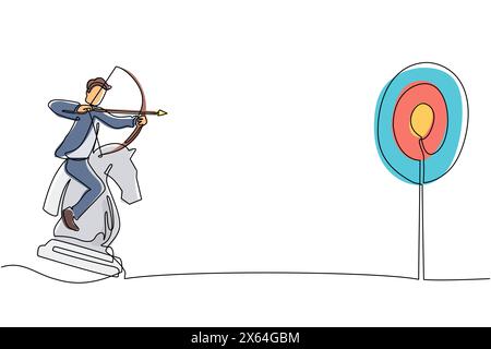 Continuous one line drawing businessman holding archery aiming target while riding chess knight piece, strategic concept. Success business manager. Si Stock Vector