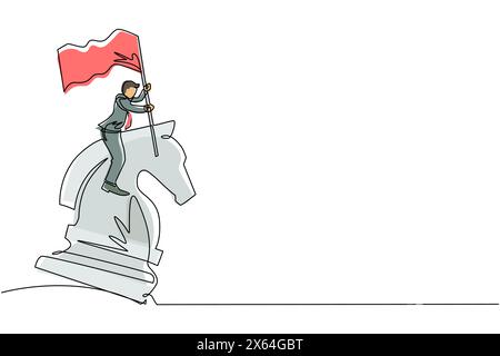 Continuous one line drawing businessman riding big chess horse knight and holding flag, strategy, competitive, strategic move in business concept. Sin Stock Vector