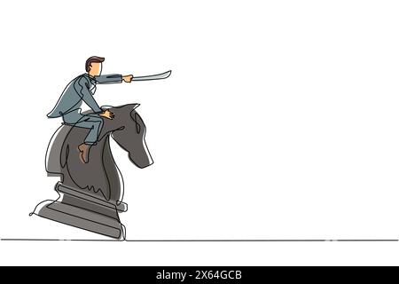 Single one line drawing businessman riding big chess horse knight with sword. Strategy, business, competition, achievement goal concept. Modern contin Stock Vector