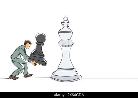 Single one line drawing businessman holding pawn chess piece to beat king chess. Strategic planning, business development strategy, tactics in entrepr Stock Vector