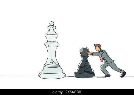 Single continuous line drawing young businessman push huge pawn chess piece. Business strategy and marketing plan. Strategic move in business concept. Stock Vector