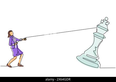 Single one line drawing businesswoman pulling big king chess with rope. Business achievement goal, strategy, competitive, strategic concept. Continuou Stock Vector