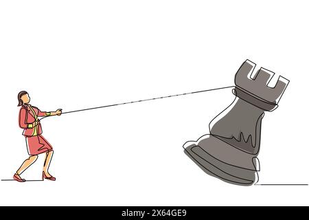 Single one line drawing businesswoman pulling big rook chess with rope. Business achievement goal, strategy, competitive, strategic concept. Continuou Stock Vector