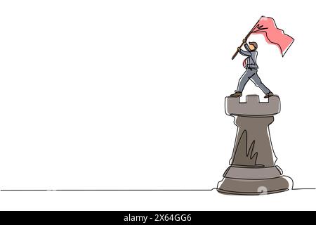 Single continuous line drawing businessman standing on top of big rook chess and waving a flag. Leader success concept. Successful business strategy. Stock Vector