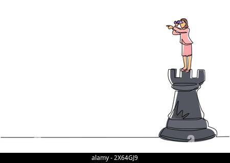 Single continuous line drawing businesswoman on top of big rook chess piece using telescope looking for success, opportunities, future business trends Stock Vector