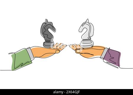Single one line drawing business concept, of businessman hands, one holding knight chess piece and the other hand too. Strategy and management. Contin Stock Vector