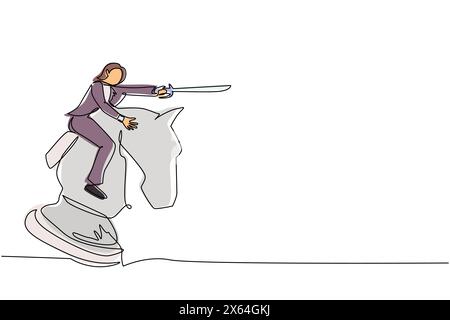 Continuous one line drawing cute businesswoman riding big chess horse knight with sword. Strategy, business, competition, achievement goal concept. Si Stock Vector
