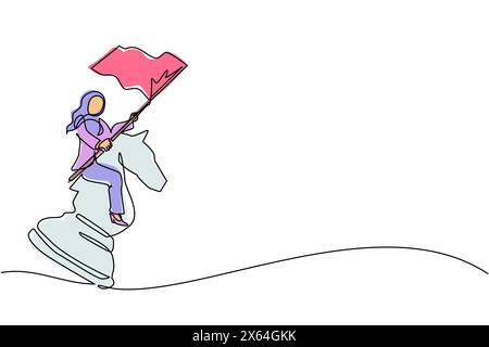 Continuous one line drawing Arabian businesswoman riding big chess horse knight and holding flag, strategy, competitive, strategic move in business co Stock Vector