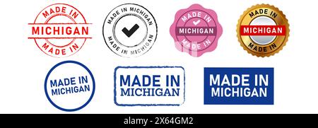 made in michigan square and circle stamp seal badge label sticker sign for product manufacture Stock Vector