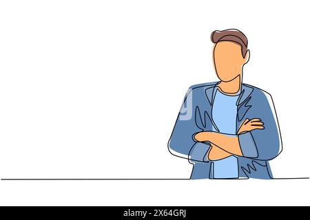 Continuous one line drawing young businessman standing with folded arms. Smiling handsome man in casual clothes with arms crossed standing isolated. S Stock Vector