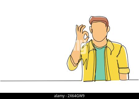 Continuous one line drawing man in casual clothes gesturing ok sign. Okay sign, gesture language concept. Smiling man standing showing ok sign with fi Stock Vector