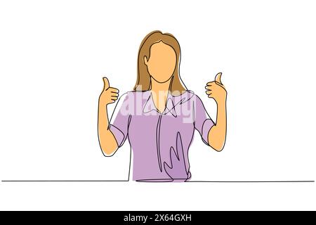 Single one line drawing confident businesswoman thumbs up. Excited female dressed in casual wear showing thumbs up sign. Deal, like, agree, approve, a Stock Vector