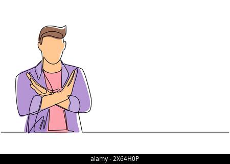 Continuous one line drawing young man crossing arms and saying no gesture. Person making X shape, stop sign with hands and negative expression. Single Stock Vector