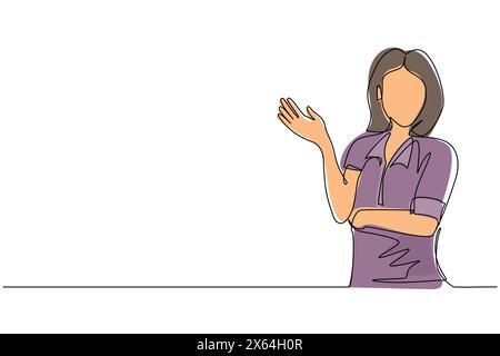 Continuous one line drawing beautiful woman in casual clothes presenting something. Young business woman showing something or presenting project. Sing Stock Vector