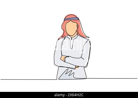 Continuous one line drawing young Arabian businessman standing with folded arms. Male in traditional clothes with arms crossed standing isolated. Sing Stock Vector