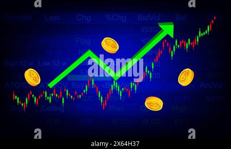 green arrow up with coins and candlestick chart Stock Market Finance Technology vector illustration Stock Vector