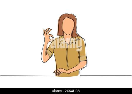 Single continuous line drawing woman in casual clothes gesturing ok sign. Okay sign, gesture language concept. Smiling female standing showing ok sign Stock Vector