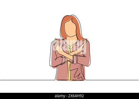 Single continuous line drawing young woman crossing arms and saying no gesture. Person making X shape, stop sign with hands and negative expression. O Stock Vector