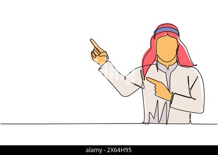 Single continuous line drawing Arab man pointing away hands together and showing or presenting something while standing and smiling. Emotion and body Stock Vector