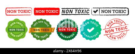 non toxic rectangle circle stamp seal badge labels ticker sign for natural healthy ecology product Stock Vector