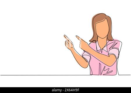 Continuous one line drawing young woman pointing away hands together and showing or presenting something while standing and smiling. Emotion and body Stock Vector