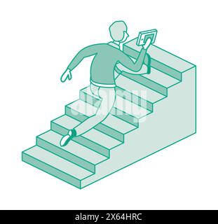Man run up set of stairs. He is holding book in hand. Isometric concept of success, urgency and determination. Businessman climbing stairs of success. Stock Vector