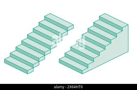 Isometric two stairs. Vector illustration. Outline objects isolated on white. Stairway icon symbol. Stock Vector