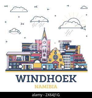 Outline Windhoek Namibia City Skyline with Colored Modern and Historic Buildings Isolated on White. Vector Illustration. Windhoek Cityscape. Stock Vector