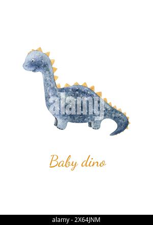 Cute watercolor blue baby dinosaur isolated on white background. For stickers and children's rooms, cards, posters, fabric prints Stock Photo