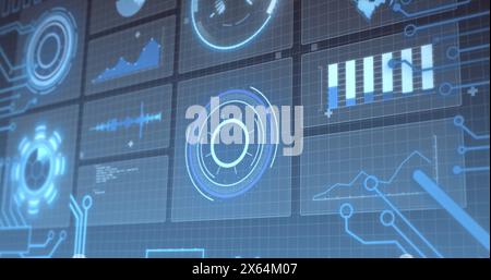Image of interface with round scanner and data processing against blue background Stock Photo