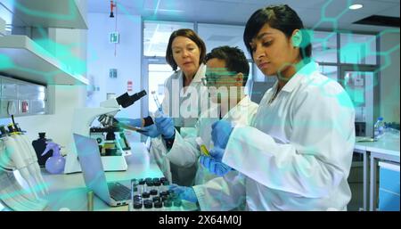 Image of medical data processing over group of diverse scientists working at laboratory Stock Photo