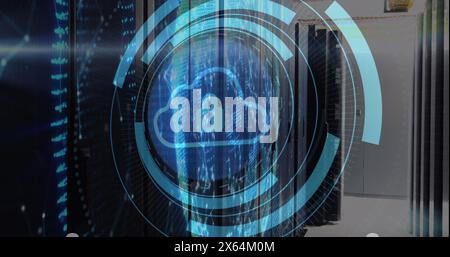 Image of security padlock and cloud icon on round scanner against computer server room Stock Photo