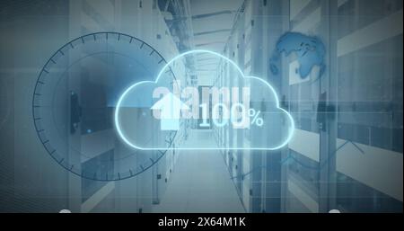 Image of cloud data upload icon, round scanner and data processing against computer server room Stock Photo