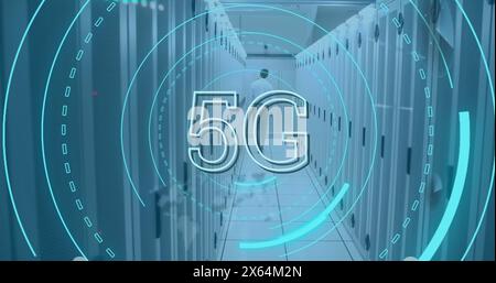 Image of 5g text over round scanner against rear view of a male engineer walking at server room Stock Photo