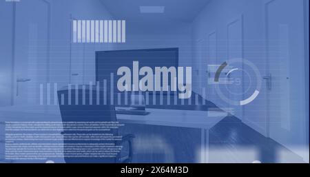 Image of icons, graphs, trading board, loading circles, chair, desktop in office Stock Photo