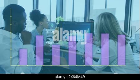 Image of statistical data processing against group of diverse colleagues discussing at office Stock Photo