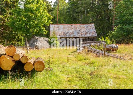 Logs in a meadow at an old barn Stock Photo