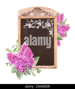 Advertising billboard in retro style with chalkboard and branch of Lilac with flowers of purple color. Cafe menu or pointer board and twig of Common L Stock Photo