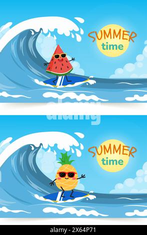 watermelon and pineapple surfing on wave. Holidays on the sea. Beach activities. Summer time. Vector illustration in flat style Stock Vector