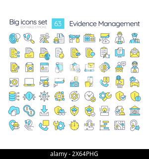 Evidence management RGB color icons set Stock Vector