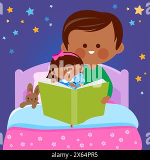 Family reading a book in bed. Father reads a story book to his daughter at night. Stock Photo