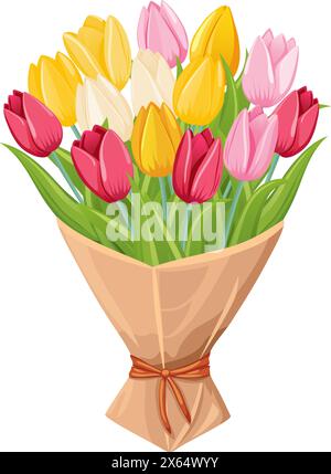 Bouquet of colorful tulips wrapped in paper. Vector illustration. Stock Vector