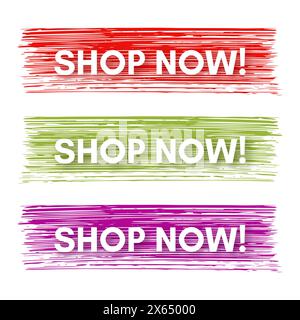 Shop now banner. Set of three sale banners on the colorful painted spots. Vector illustration Stock Vector