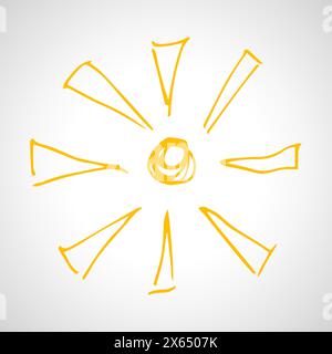 Hand drawn sun. Simple sketch sun. Solar symbol. Yellow  doodle isolated on white background. Vector illustration. Stock Vector