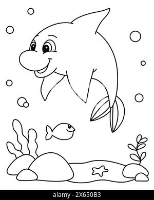 Cute Dolphin Coloring Page. Ocean Animals Coloring Book For Kids. Under The Sea Vector Illustration. Underwater Cartoon Stock Vector