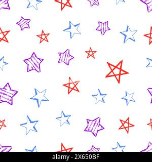 Seamless background of doodle stars. Multicolor hand drawn stars on white background. Vector illustration Stock Vector